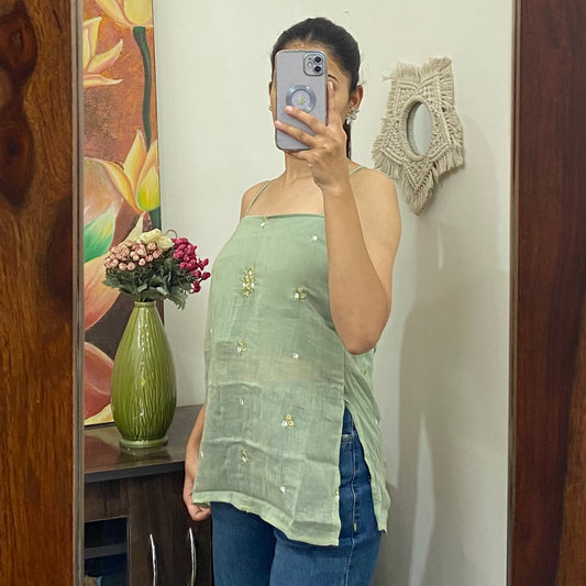 Mint Green Criss Cross Hand Embroidery Mulmul With Removable Pads Kurti Top - KJ10172