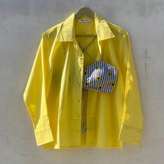 Yellow Blue Stripe Sunflower Hand Embroidery Shirt and Bra Combo - KJ10202
