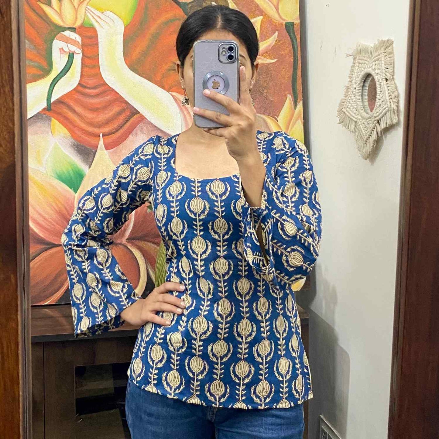 Blue Handblock Back Criss Cross Kurti Top - KJ10146