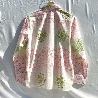 White Red Floral Jaal Pure Handblock Mulmul Shirt and Bra Combo - KJ10347