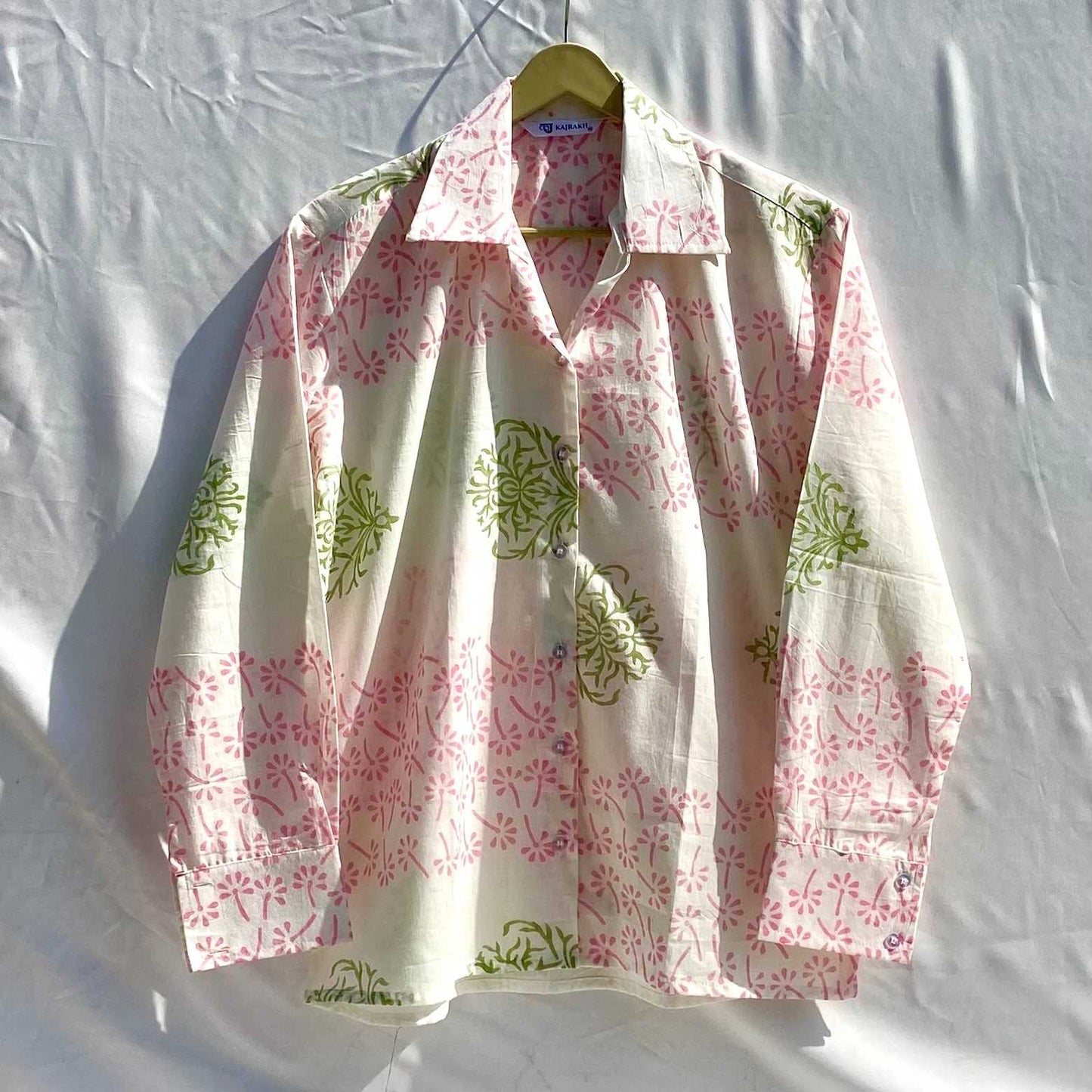 White Floral Pure Handblock Mul Women Shirt - KJ10345