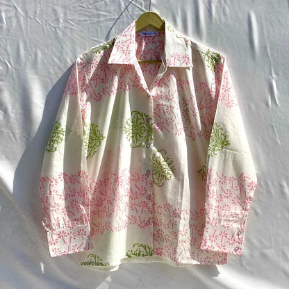 White Floral Pure Handblock Mul Women Shirt - KJ10345