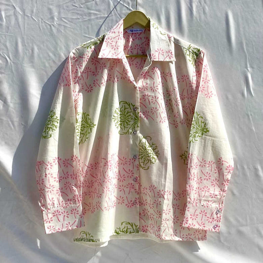 White Floral Pure Handblock Mul Women Shirt - KJ10345