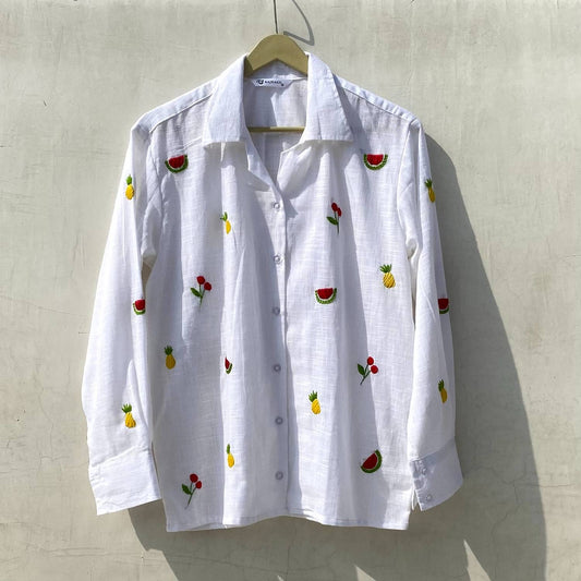 White Slub Fruit Hand Embroidery Cotton Women Shirt - KJ10114