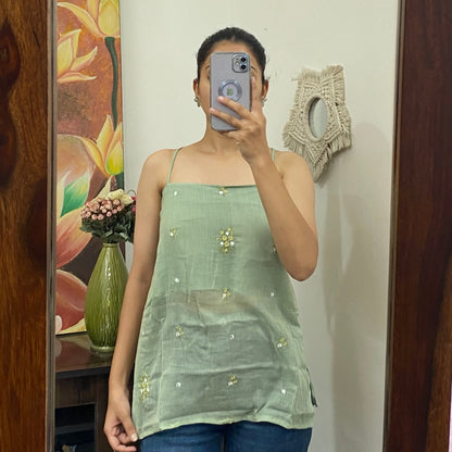 Mint Green Criss Cross Hand Embroidery Mulmul With Removable Pads Kurti Top - KJ10172