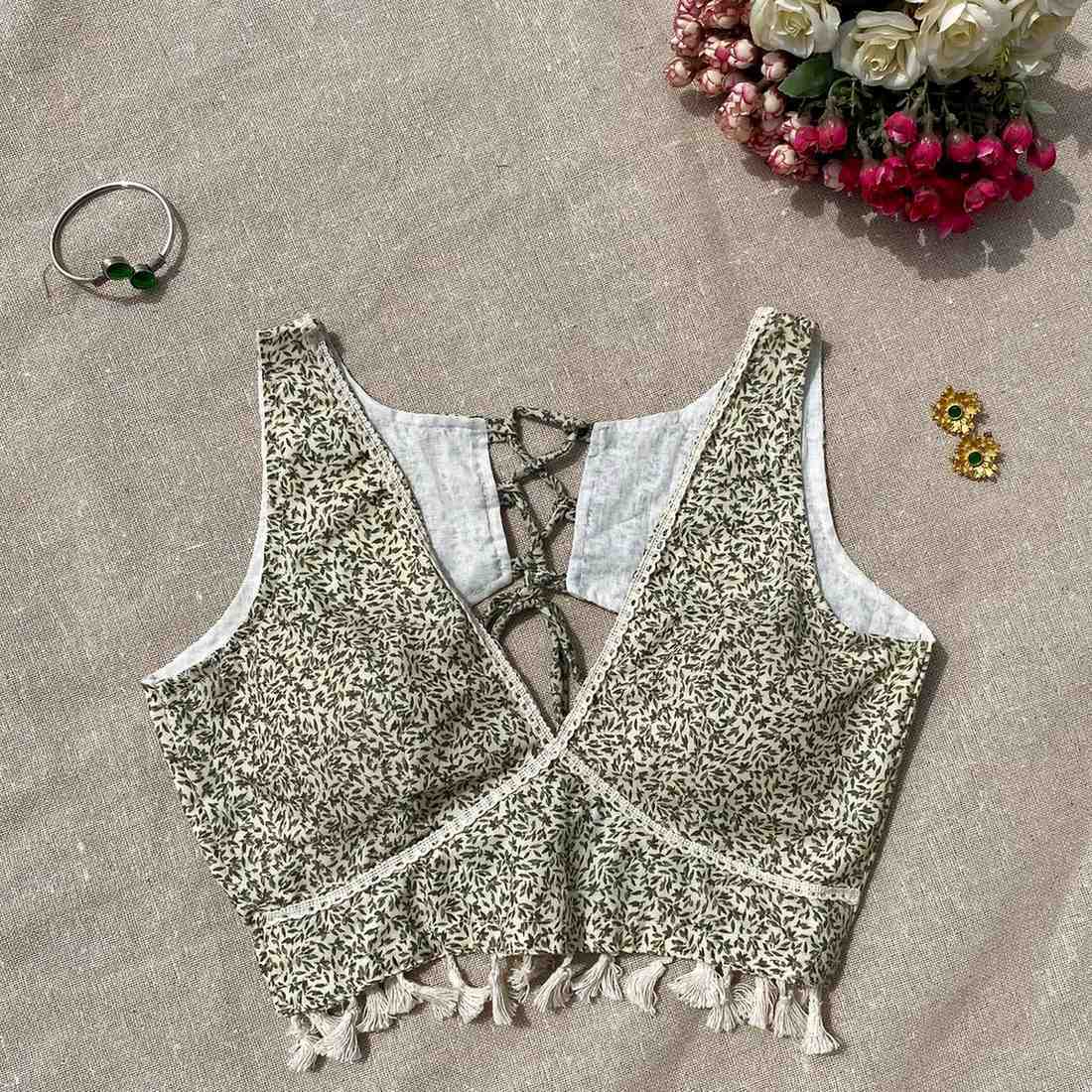 Cream Black With PomPom Jaal Deep V Neck Cotton Blouse - 700 - FAL10191