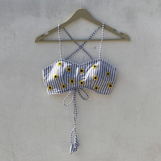 Sunflower Blue Stripe Embroidery Removable Pads Bra - KJ10204