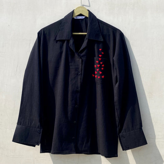 Black Red Heart Hand Embroidery Cotton Women Shirt - KJ10114 (Copy)5