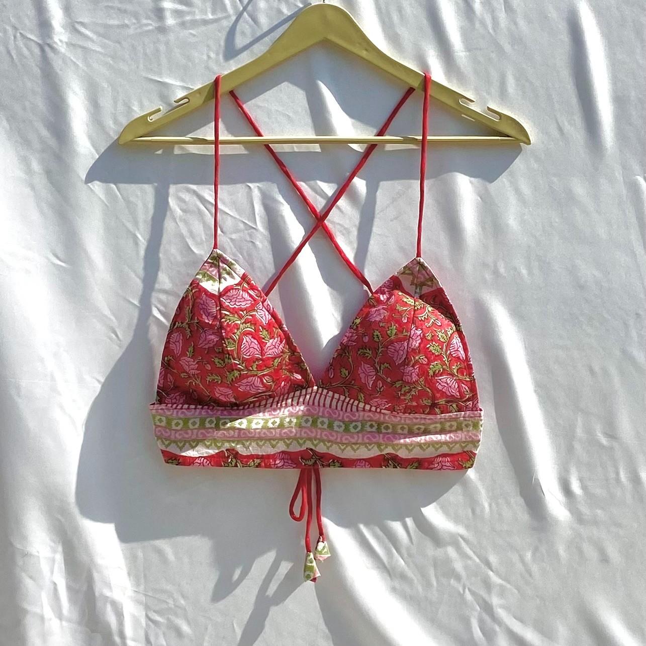 White Red Floral Jaal Pure Handblock Mulmul Shirt and Bra Combo - KJ10347