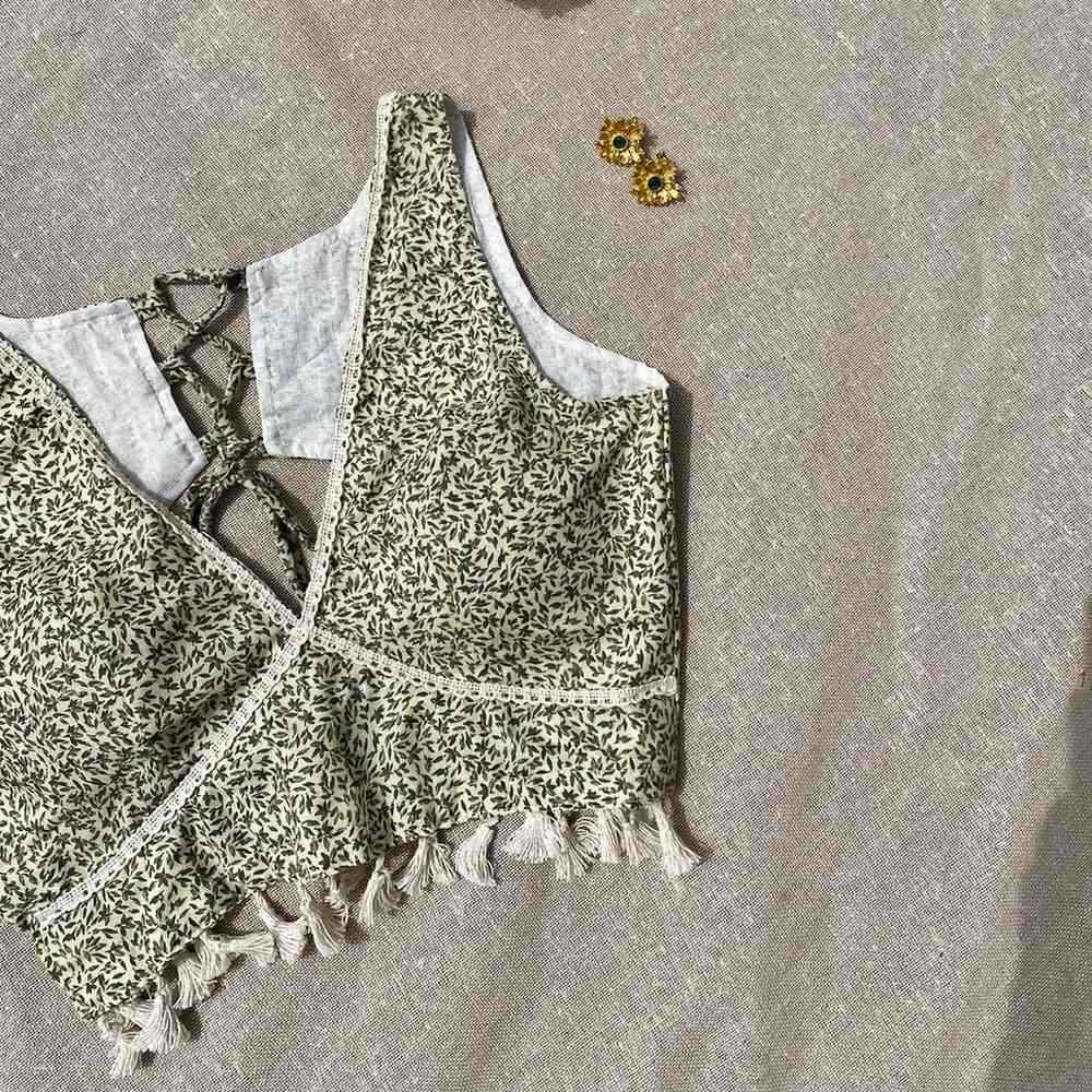 Cream Black With PomPom Jaal Deep V Neck Cotton Blouse - 700 - FAL10191