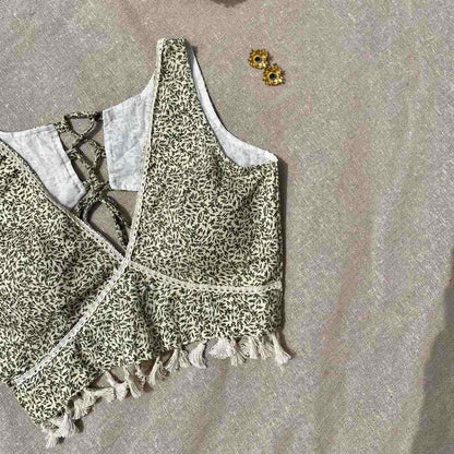 Cream Black With PomPom Jaal Deep V Neck Cotton Blouse - 700 - FAL10191