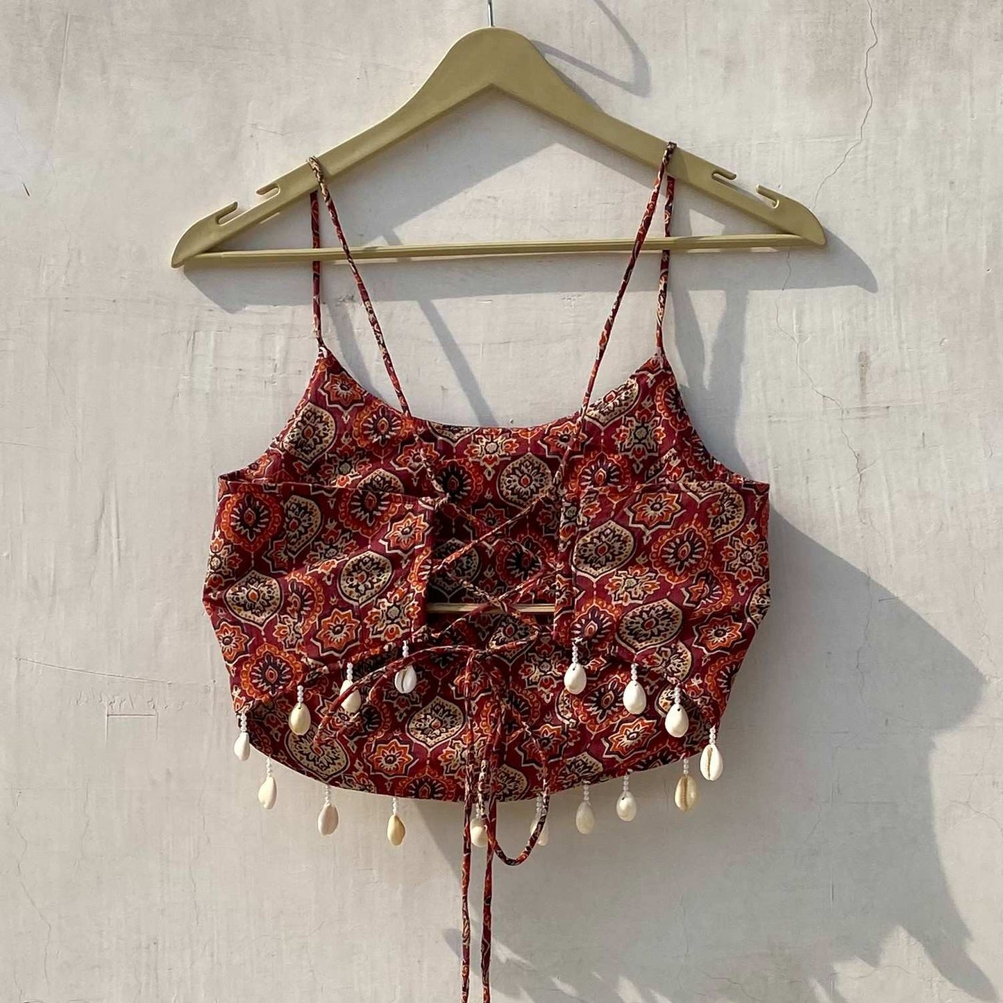 Navratri Maroon Ajrakh Removable Pads Top - KJ10155