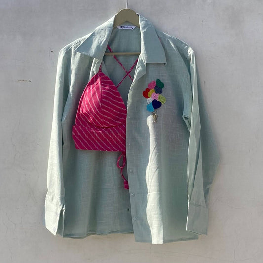 Sea Green Balloon Hand Embroidery Shirt and Bra Combo - KJ10200