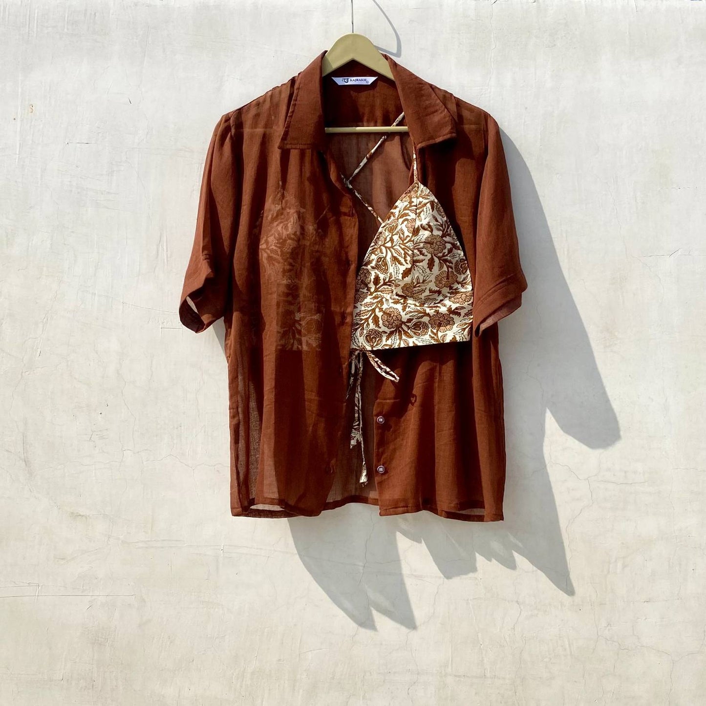 Brown Mul Shirt and Cream Floral Bra Combo - KJ10115