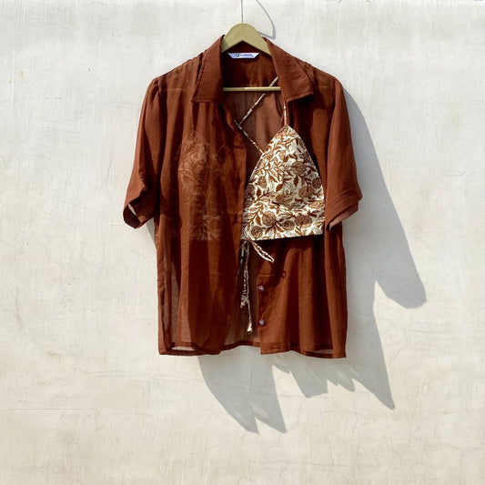Brown Mul Shirt and Cream Floral Bra Combo - KJ10115