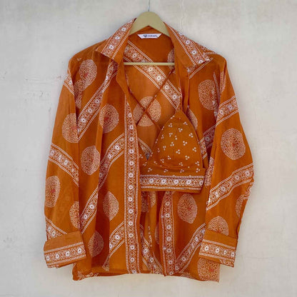 Orange Bandhej Shirt and Bra Combo - KJ10234