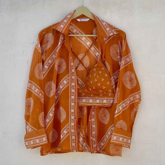 Orange Bandhej Shirt and Bra Combo - KJ10234