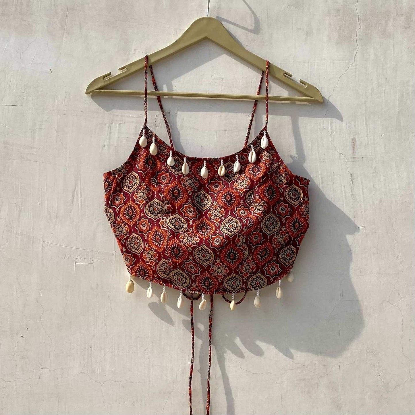 Navratri Maroon Ajrakh Removable Pads Top - KJ10155