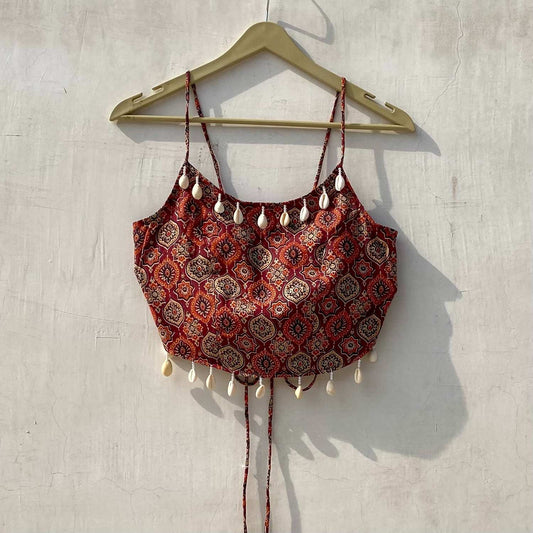 Navratri Maroon Ajrakh Removable Pads Top - KJ10155