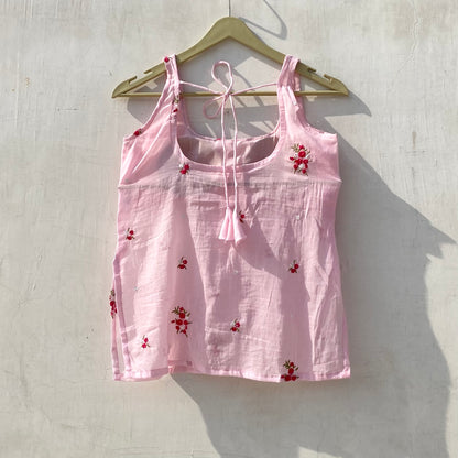 Pink Halter Neck Hand Embroidery Mulmul With Removable Pads  Kurti Top - KJ10158