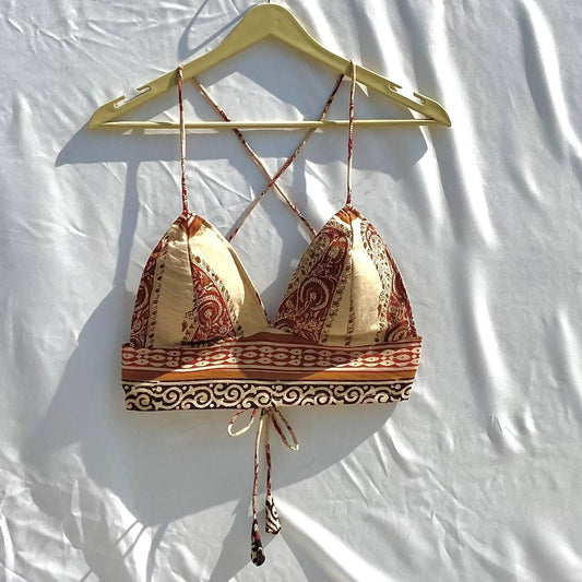 Beige Red Handblock Removable Pads Bra - Kj10342