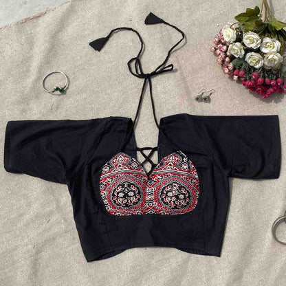 Black Ajrakh Tukki Cotton Blouse - 800 - FAL10192