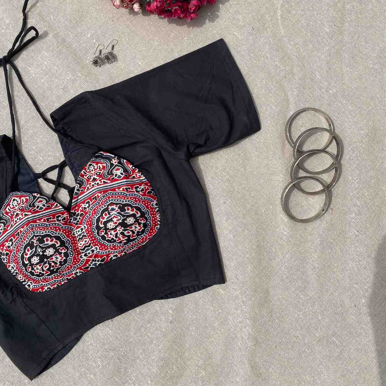 Black Ajrakh Tukki Cotton Blouse - 800 - FAL10192