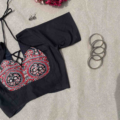 Black Ajrakh Tukki Cotton Blouse - 800 - FAL10192
