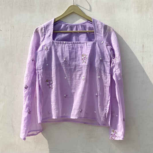 Lavender Plum Sleeves Hand Embroidery Mulmul With Lining  Kurti Top - KJ10157