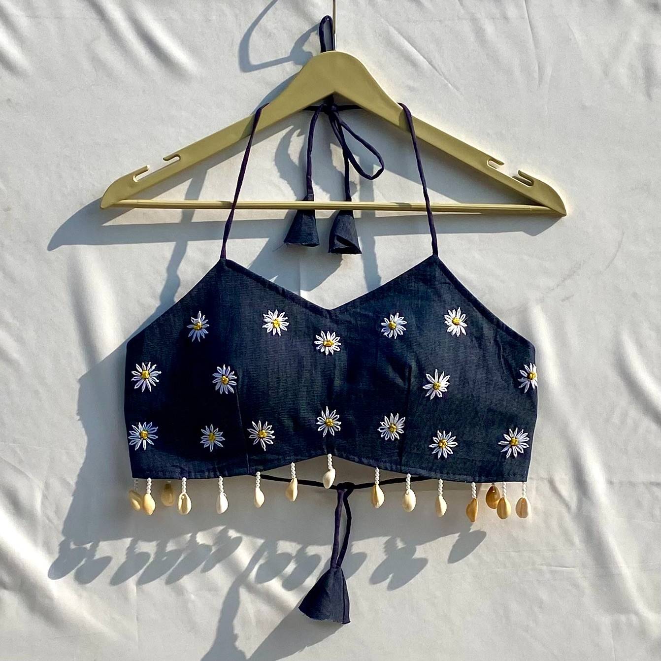 Denim Hand Embroidery Floral Shell Criss Cross Top - KJ10314
