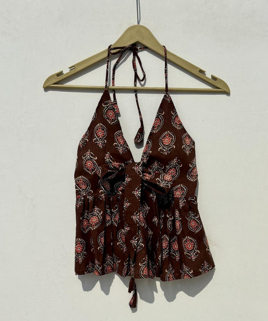 Brown Floral Front Knot and Back Knot Removable Pads Top - KJ0894 (( Clearance Sale ))