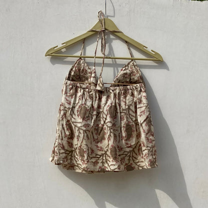 Beige Brown Paisley Handblock Tree Removable Pads Top - KJ10025