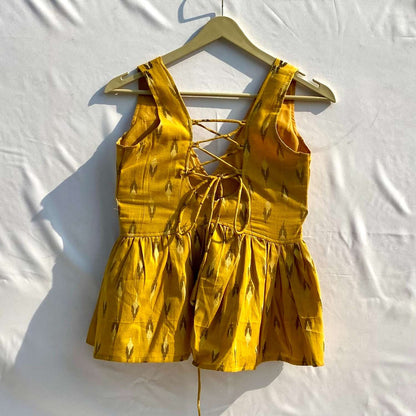 Mustard Ikat Deep V Neck Cut Sleeves Top - KJ10315