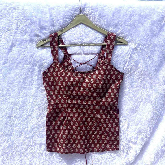Brown Butti Back Criss Cross Padded Kurti Top - KJ10390