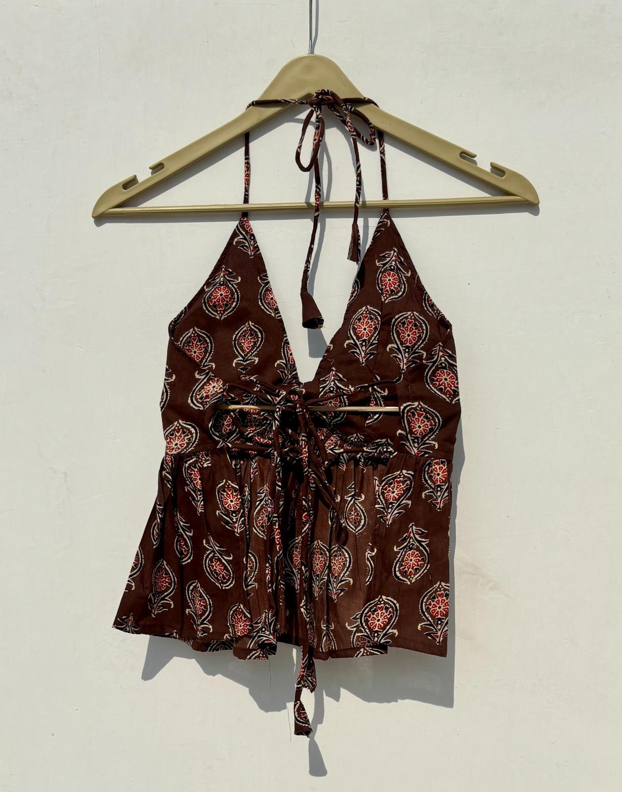 Brown Floral Front Knot and Back Knot Removable Pads Top - KJ0894 (( Clearance Sale ))