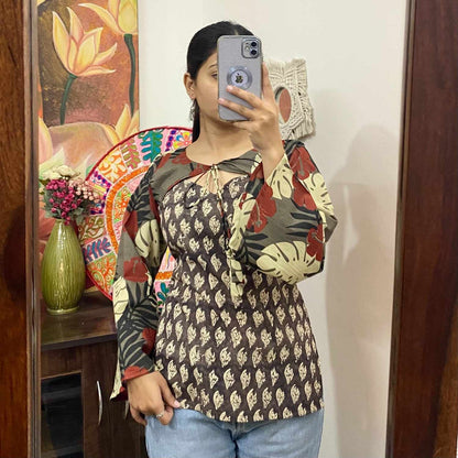 Black Leaf 2 in 1 Cotton Kurti - KJ10306