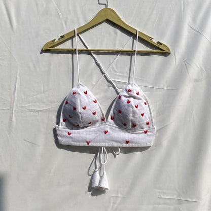 Valentine's Day Collection White Red Fly Embroidery Removable Pads Bra - KJ10304
