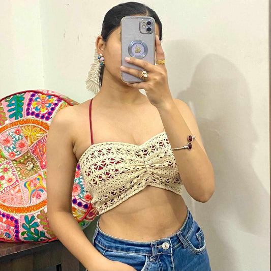 Off White Crosia Maroon Base Halter Neck Bralette - Kj10340