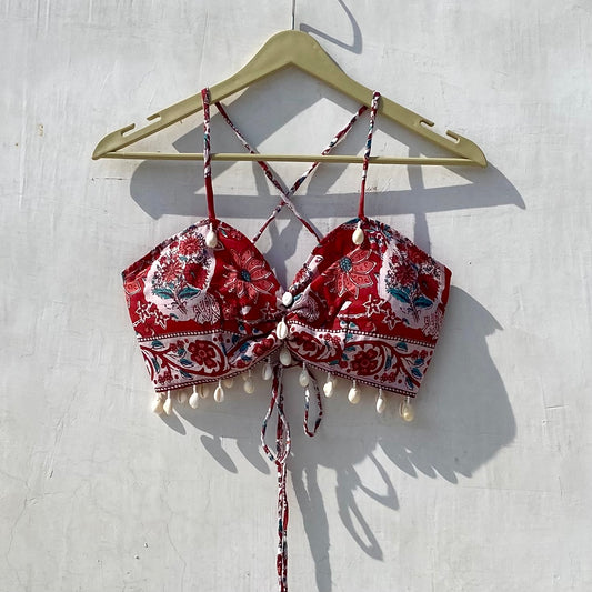 Navratri Red Big Floral Removable Pads Top - KJ10119