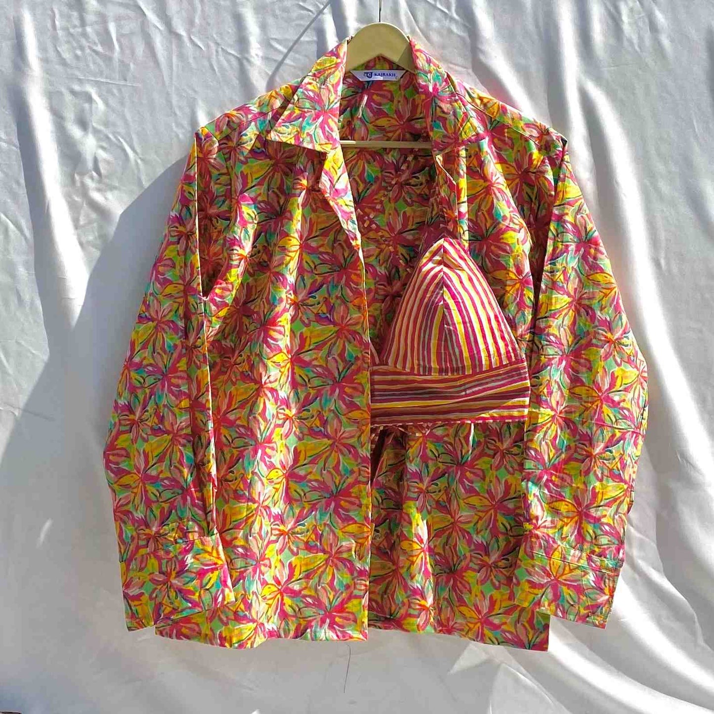 Holi Floral Jaal Shirt and Stripe Bra Combo - KJ10346