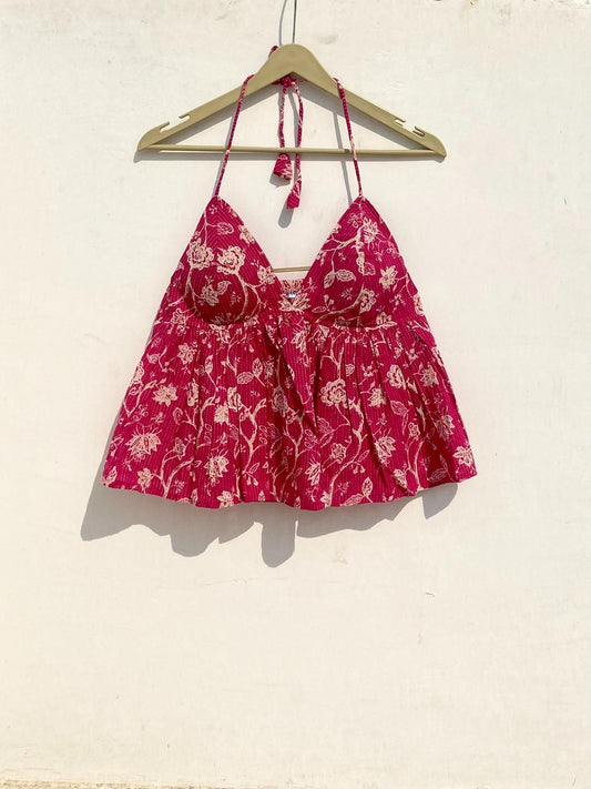 Pink Floral Katha Tree Removable Pads Top - KJ10015