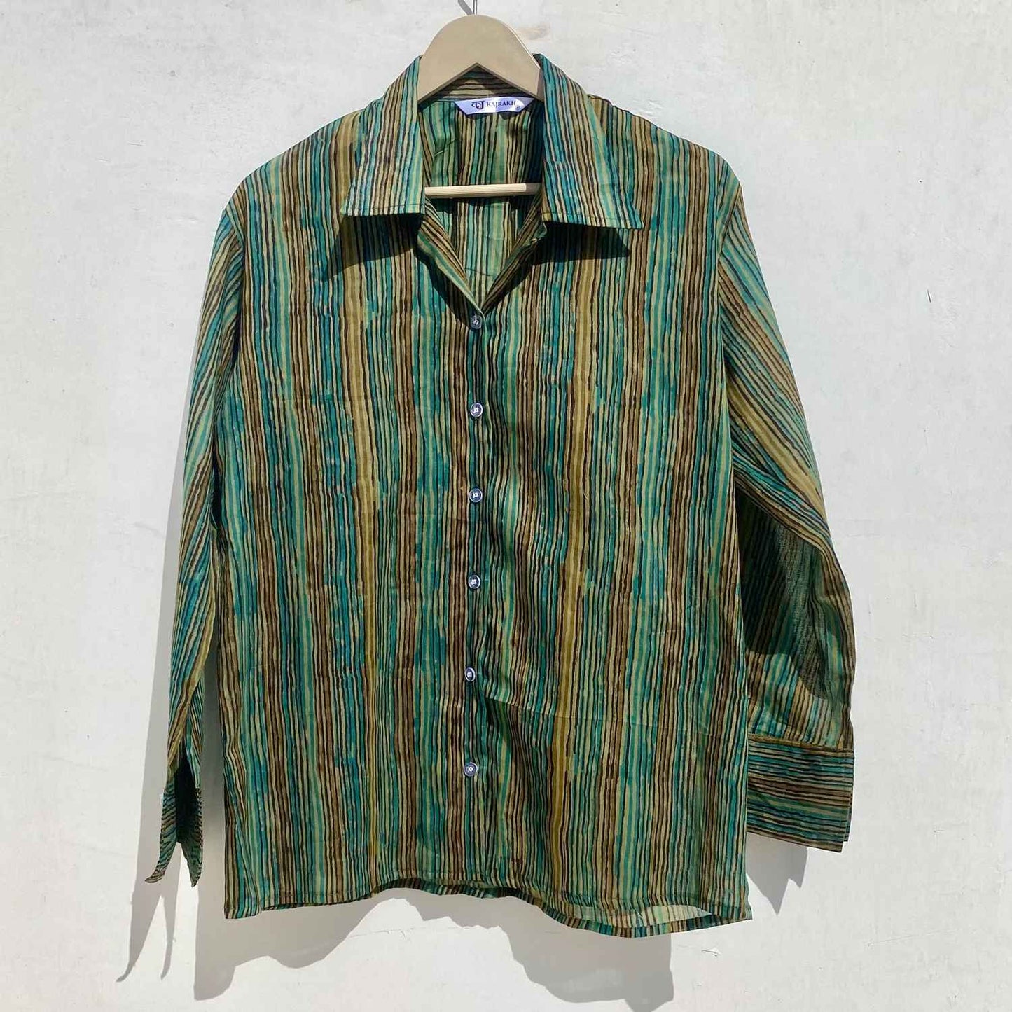 Green Beige Stripe Mul Women Shirt - KJ10008