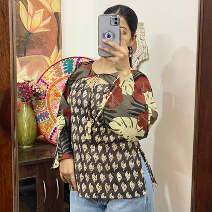 Black Leaf 2 in 1 Cotton Kurti - KJ10306