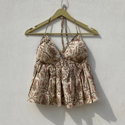 Beige Brown Paisley Handblock Tree Removable Pads Top - KJ10025