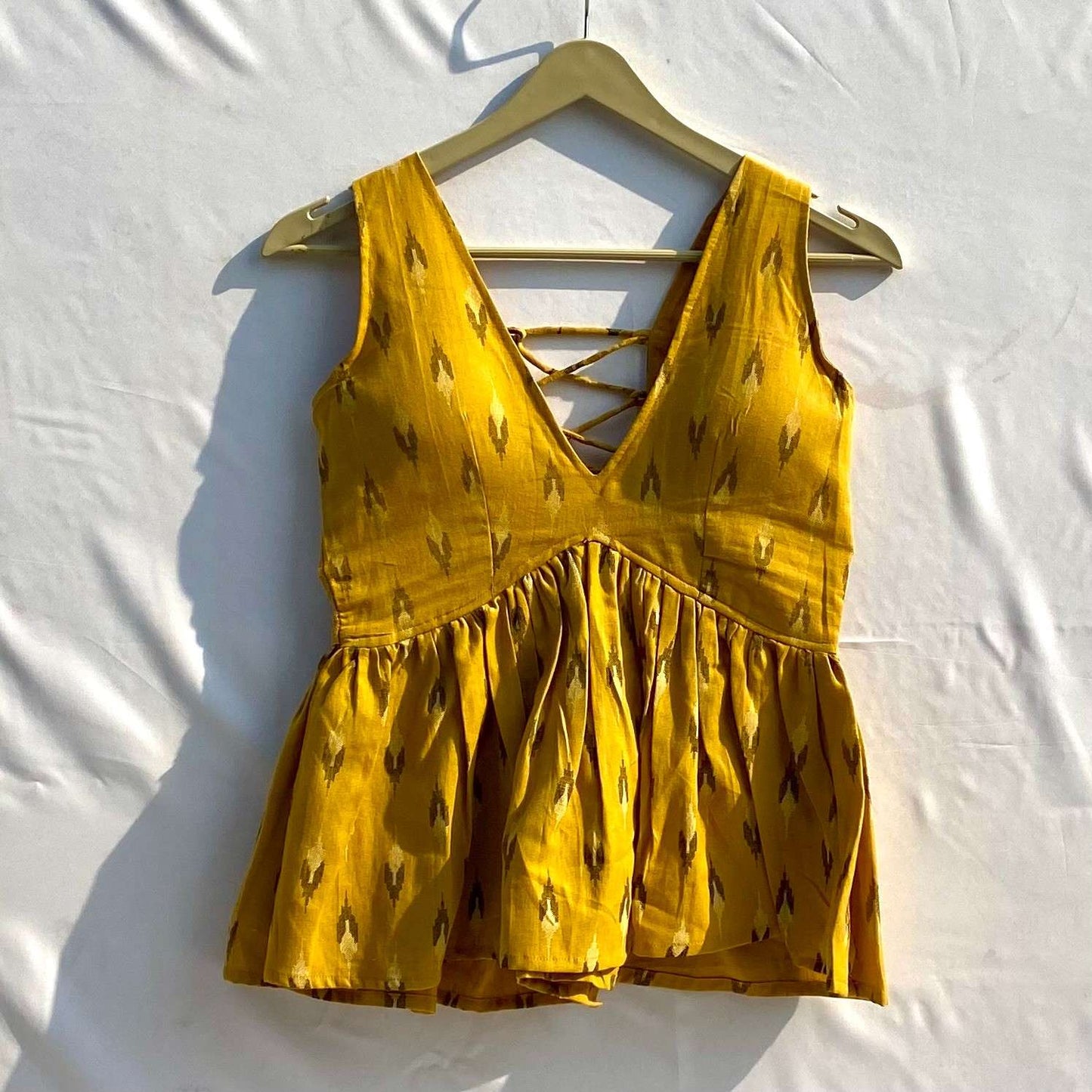 Mustard Ikat Deep V Neck Cut Sleeves Top - KJ10315