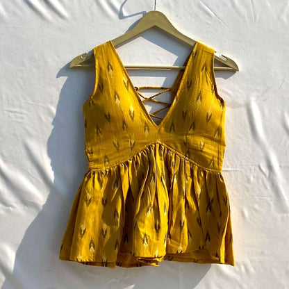 Mustard Ikat Deep V Neck Cut Sleeves Top - KJ10315