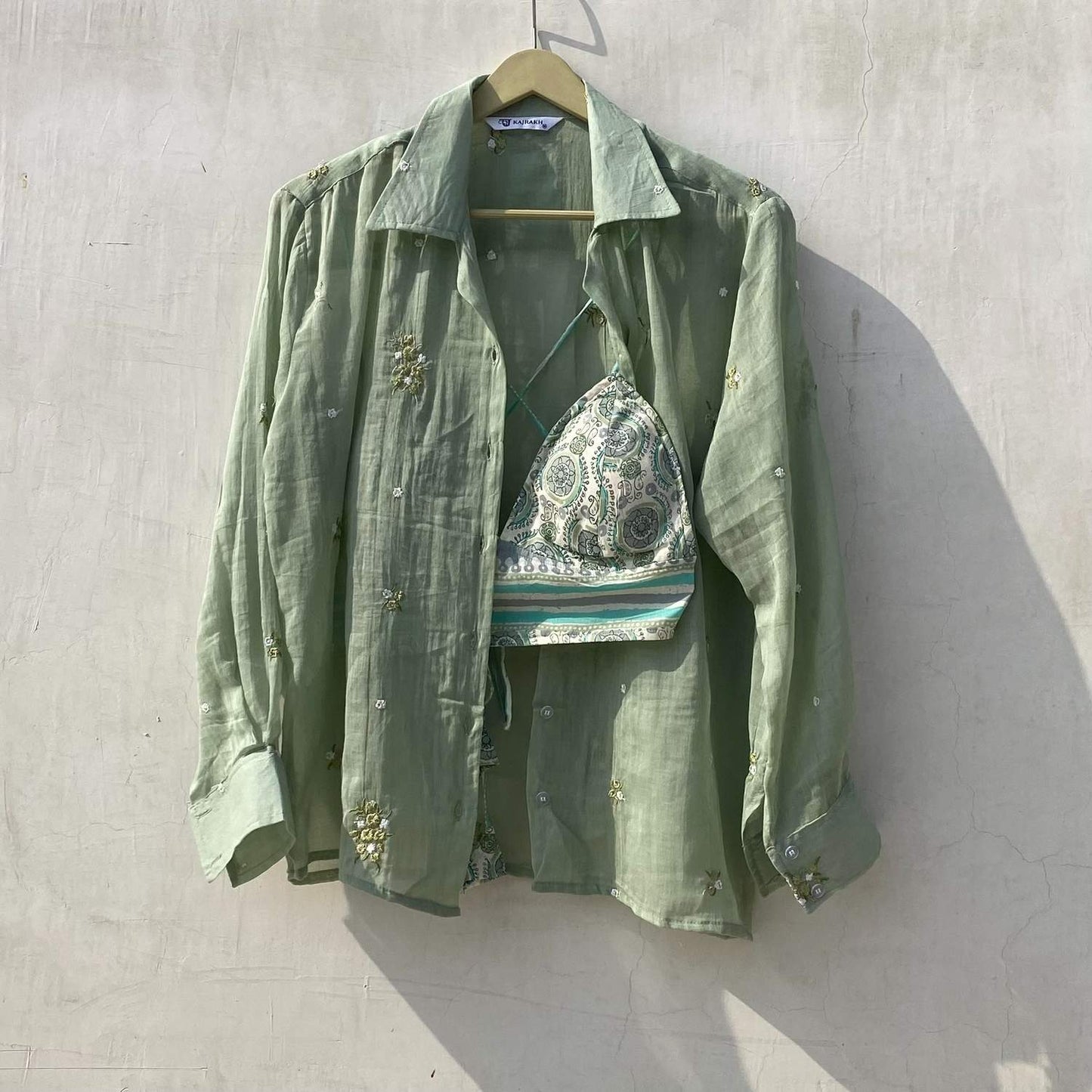 Mint Green Floral Thread Embroidery Shirt and Bra Combo - KJ10163