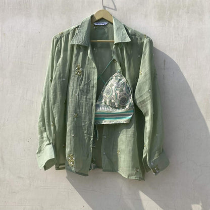 Mint Green Floral Thread Embroidery Shirt and Bra Combo - KJ10163