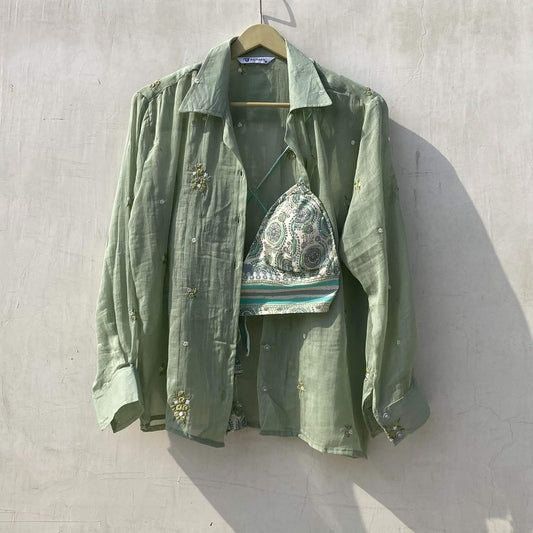 Mint Green Floral Thread Embroidery Shirt and Bra Combo - KJ10163