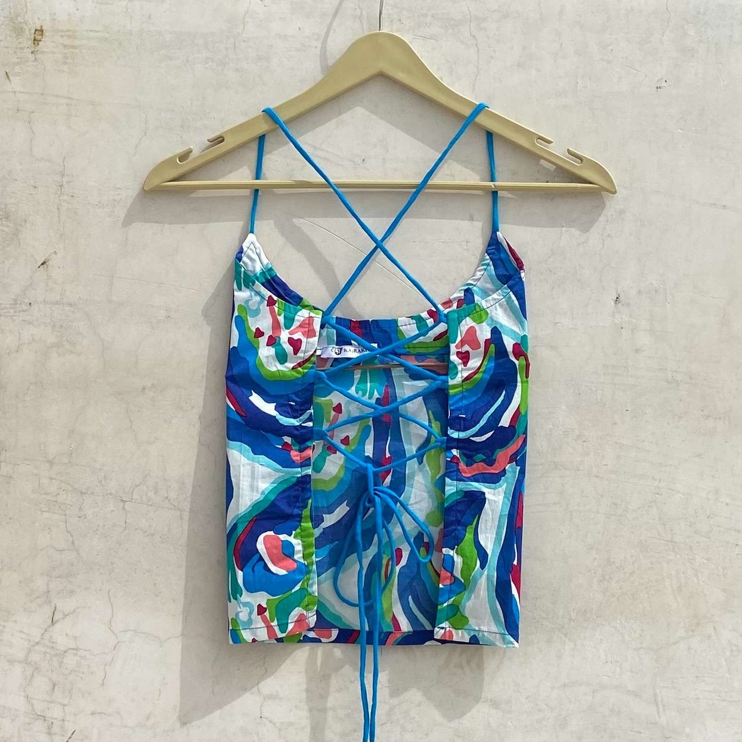 Multi Abstract Paint Criss Cross Back Knot Denim Top - KJ10188